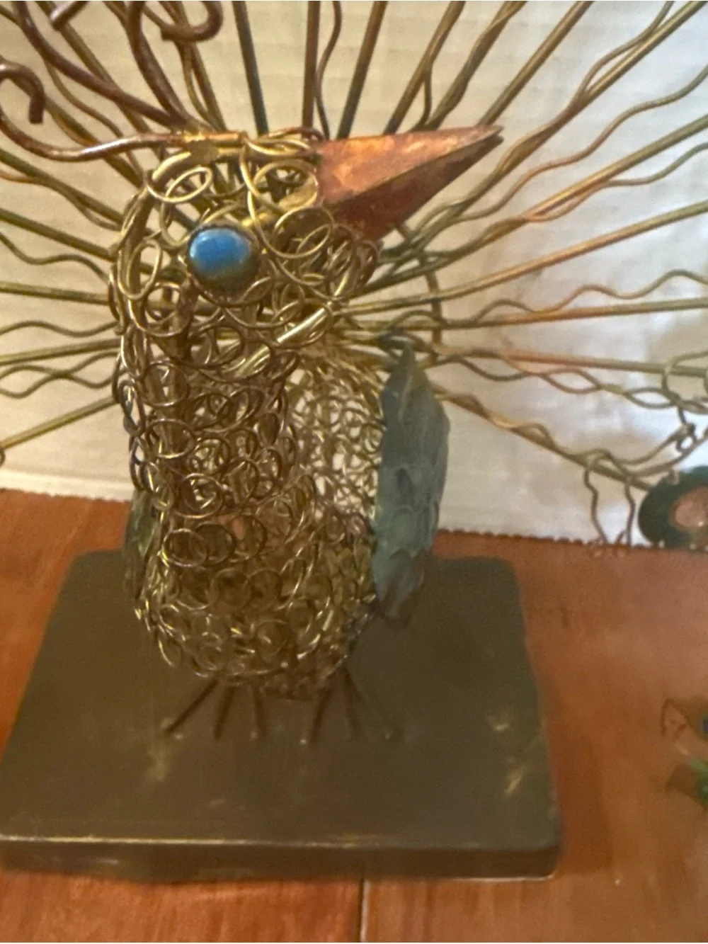 VTG MCM Metal Wire Peacock Sculpture Set 2pc Pier 1 Multicolor Gems Jewels Boho